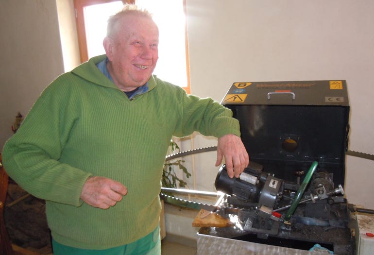 Pan Vaclav Silbernagl resharps the sawmill band blades